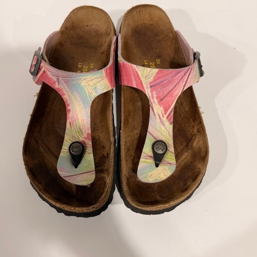 Papillio by Birkenstock Gizeh Sandals Pink Floral Abstract Thong Slides 8 Beach